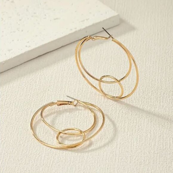 NEW Modernist Gold Plated Double Circle Hoop Earrings - Picture 2 of 4